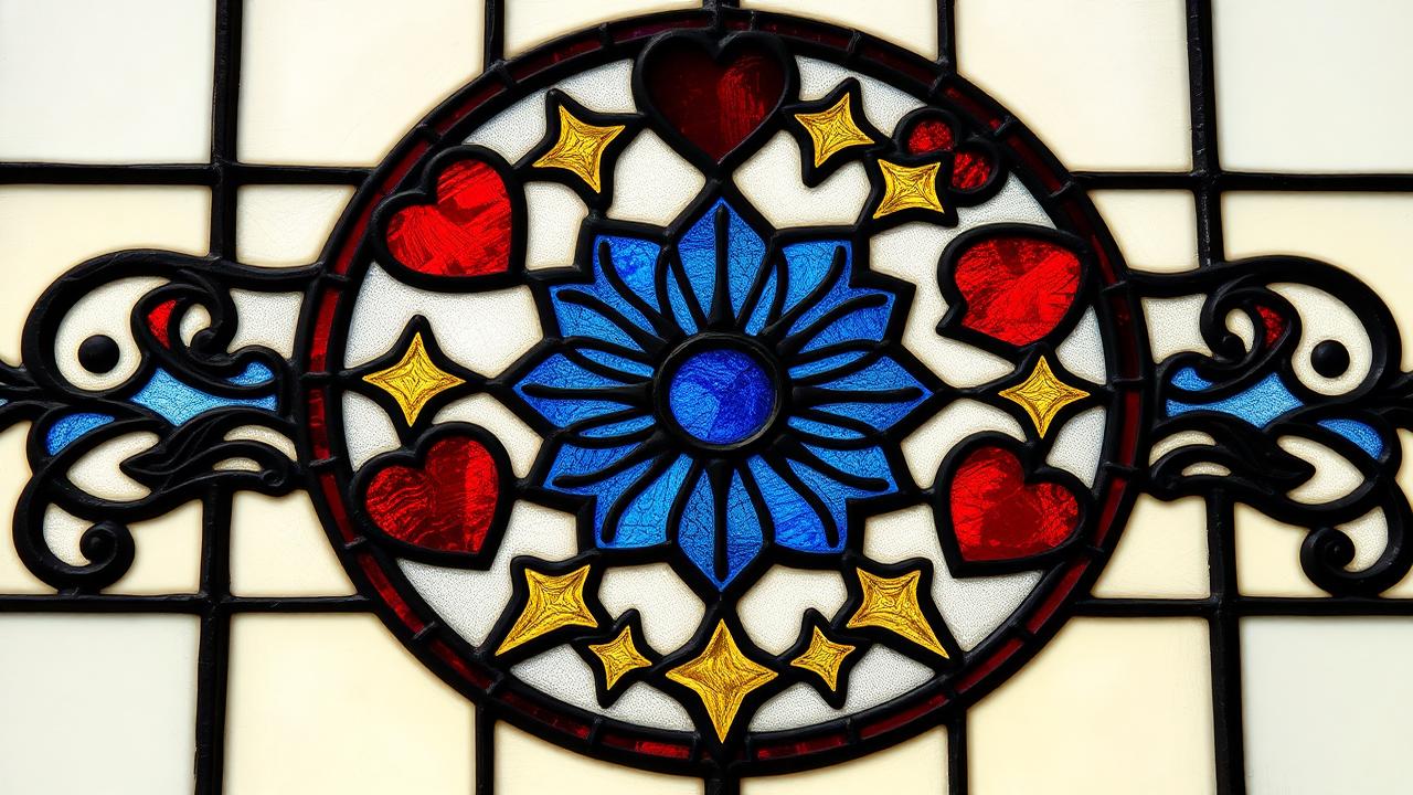 Rosace de vitrail : cœurs rubis et étoiles d'or autour d'un cœur de verre bleu
