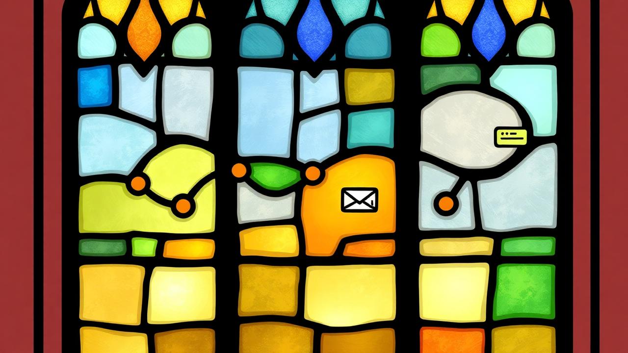 Panneau de vitrail : chemin jalonné de points de contact, enveloppe et bulle de message