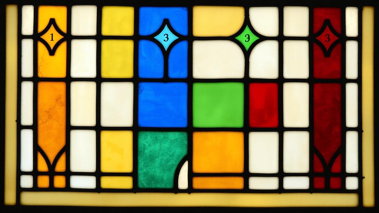 Panneau de vitrail : quatre lancettes colorées figurant les quatre semaines du plan