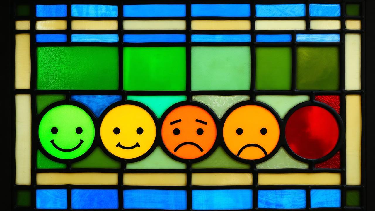 Panneau de vitrail : cinq visages du plus satisfait au plus mécontent